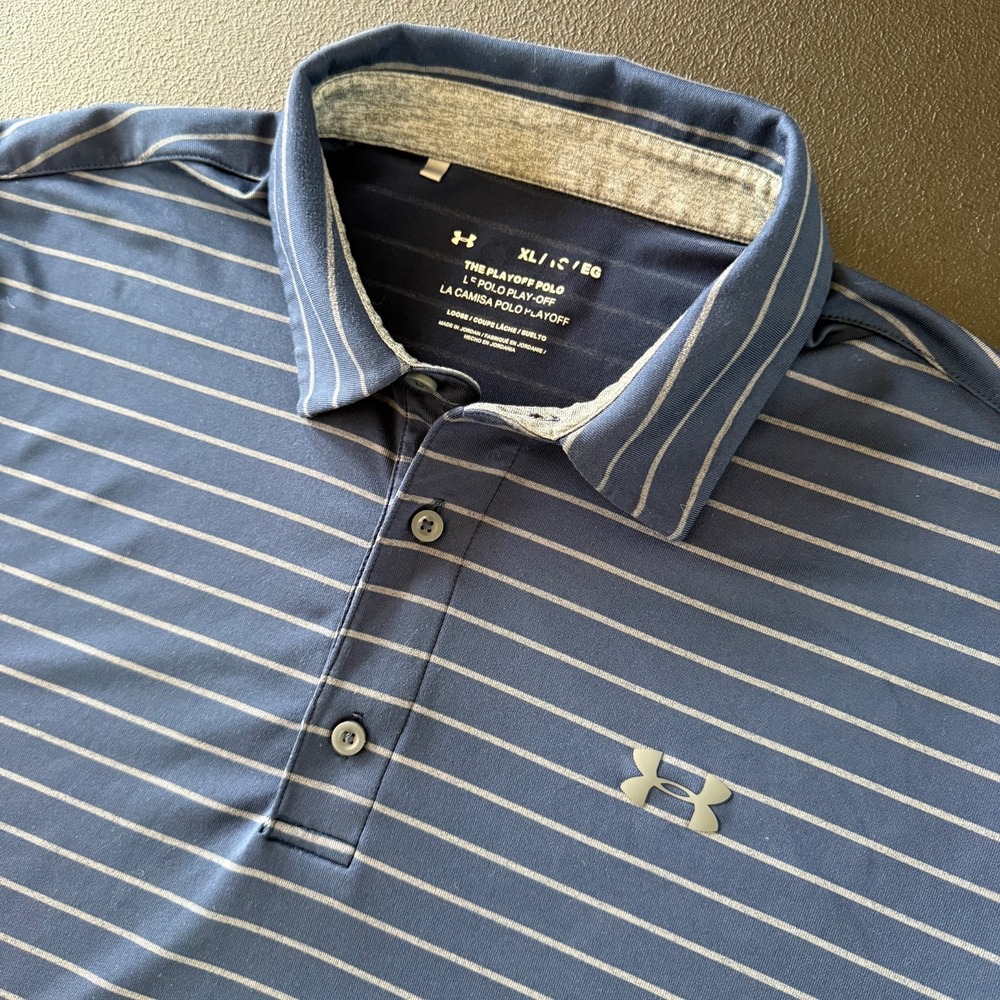 Under Armour Polo Shirt Men's XL The Playoff Polo Blue Striped Short Sleeve